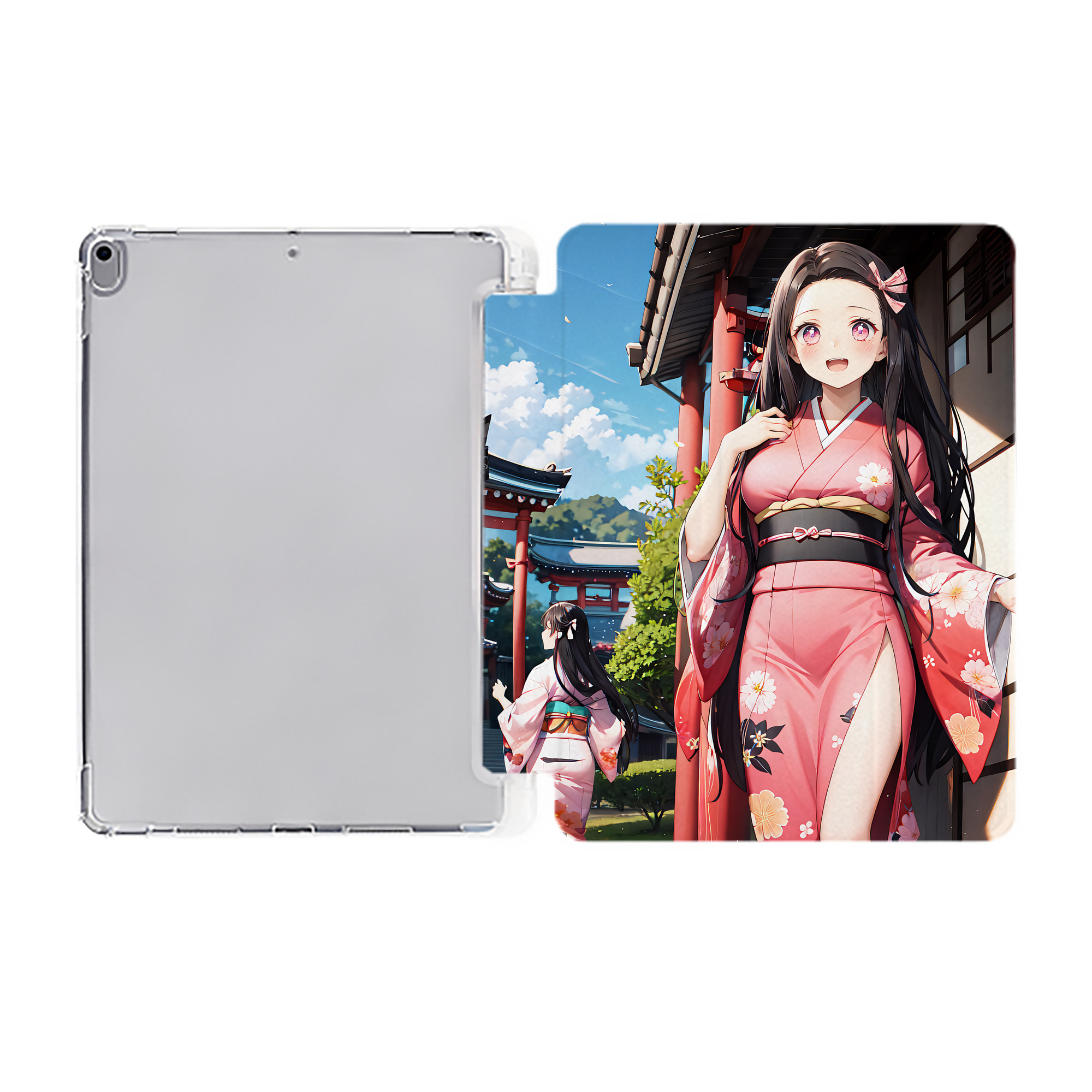 （画像用） 鬼滅の刃（きめつのやいば）竈門 禰󠄀豆子／かまど ねずこ Kamado Nezuko IPad ケース ペン収納付き 三つ折りスタンド PUレザー×シリコン 対応機種9.5/10.5/10.9インチ